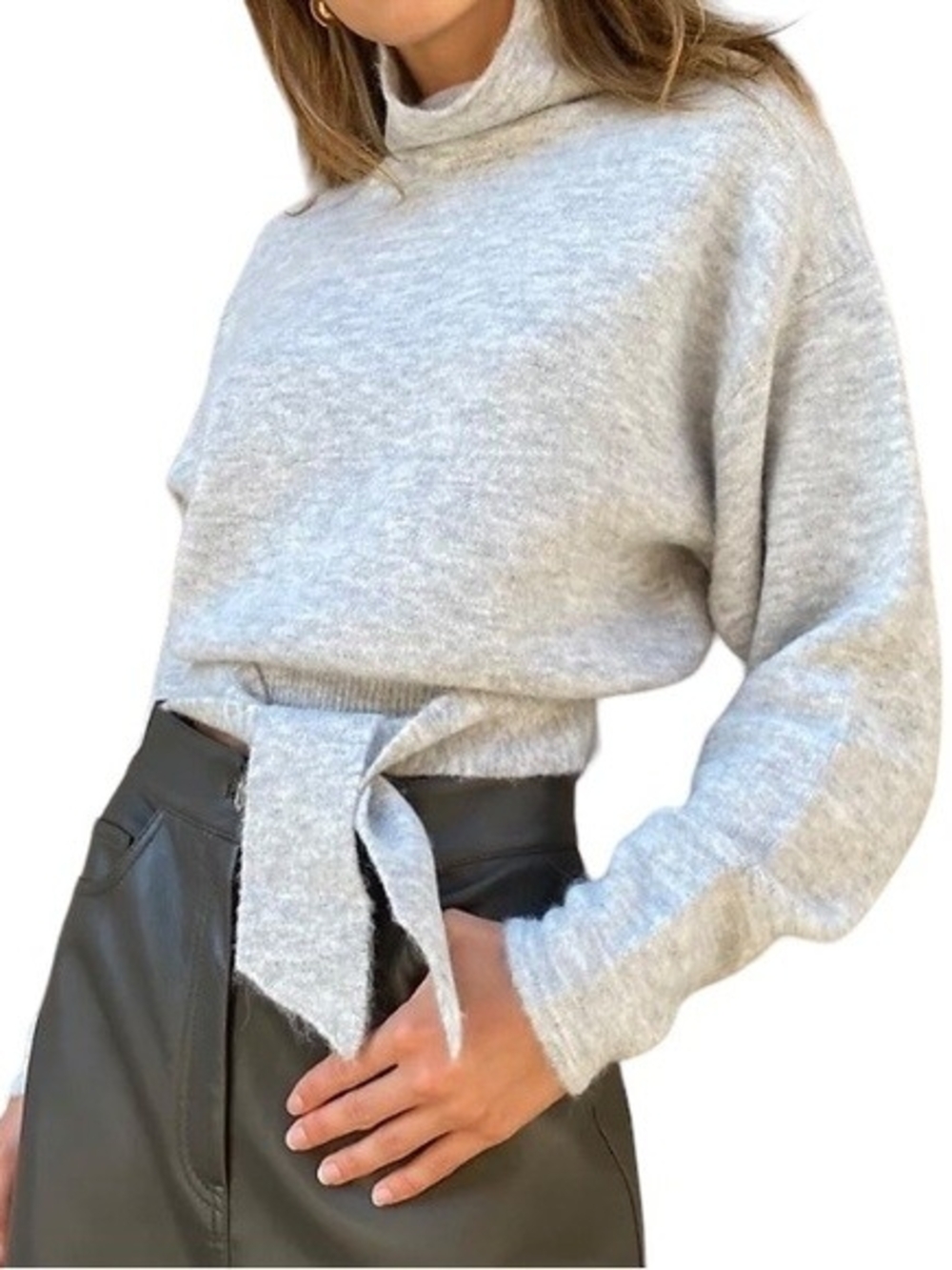 Wilfred Aritzia Lorin Light Gray Tie-Waist Turtleneck Sweater